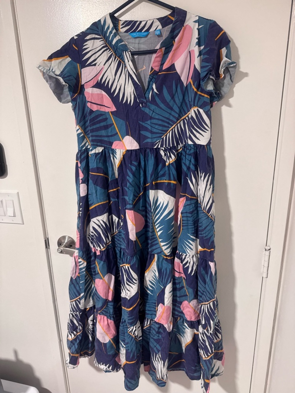 Tori Richard Honolulu Navy Dress with Pink & Teal Leaf Print